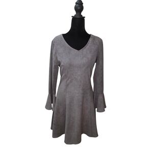 Aryeh Faux Suede Bell Sleeve Dress Gray Women's Small V-Neck A-Line Y2K Retro